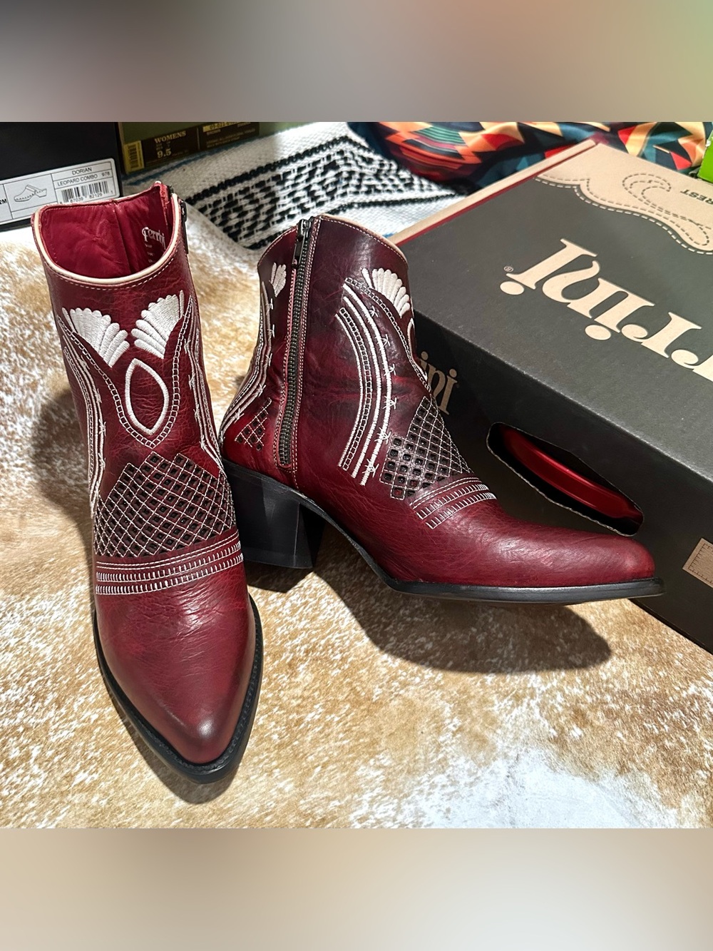 Ferrini Burgundy Leather Embroidered Ankle Booties